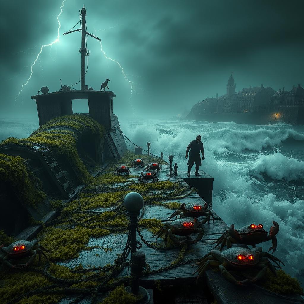 A photo-realistic image of an old, rotting boat dock, heavily covered in moss and seaweed