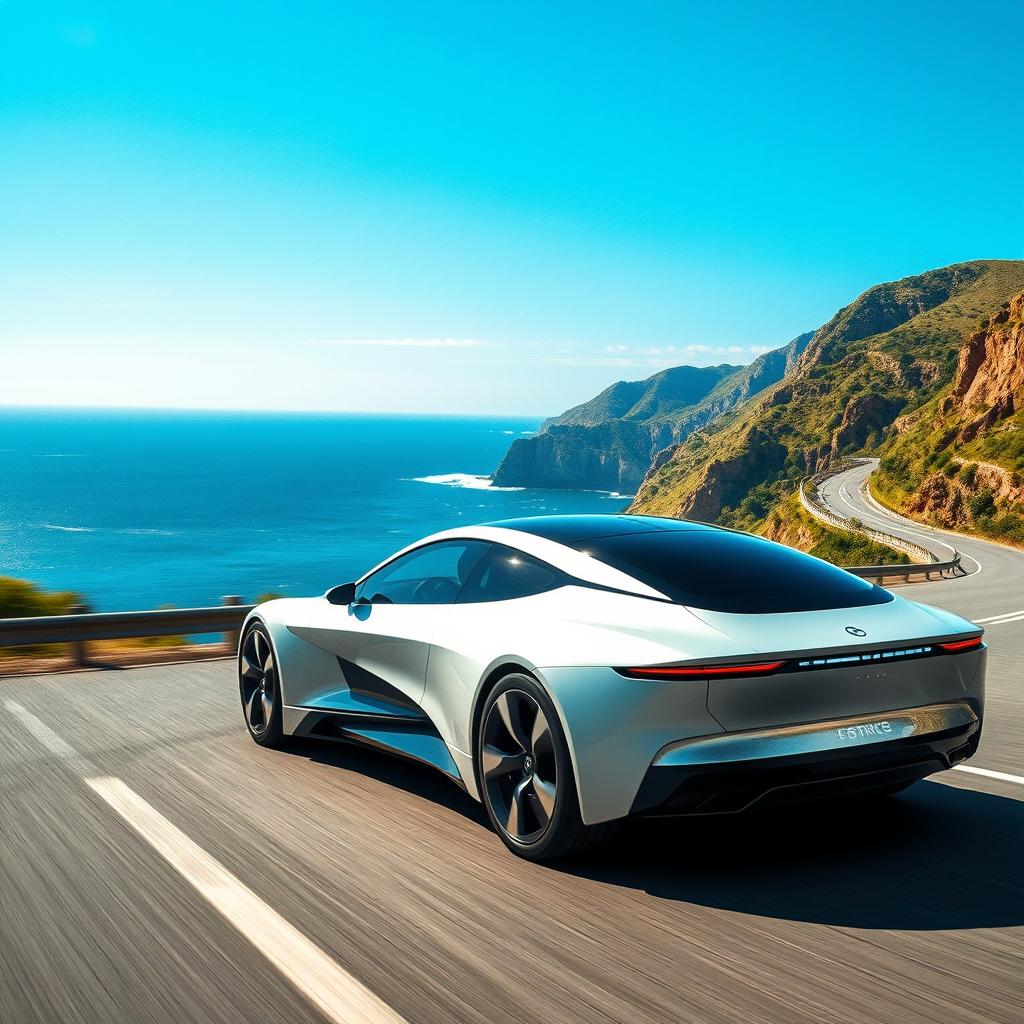 A futuristic autonomous car cruising along a scenic coastal road, with vibrant blue skies and lush greenery on one side and dramatic cliffs dropping into the ocean on the other