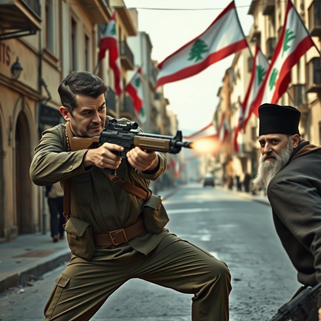 A dramatic scene depicting Bachir Gemayel in olive green military attire, dynamically positioned while shooting at Nasrallah in Achrafieh, Beirut, set against an old road surrounded by historic buildings reminiscent of the Civil War in 1975