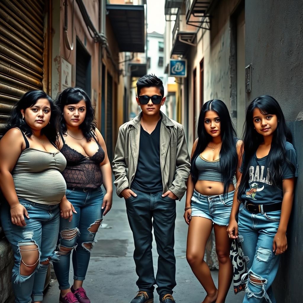 A vibrant alley scene featuring four girls and one boy