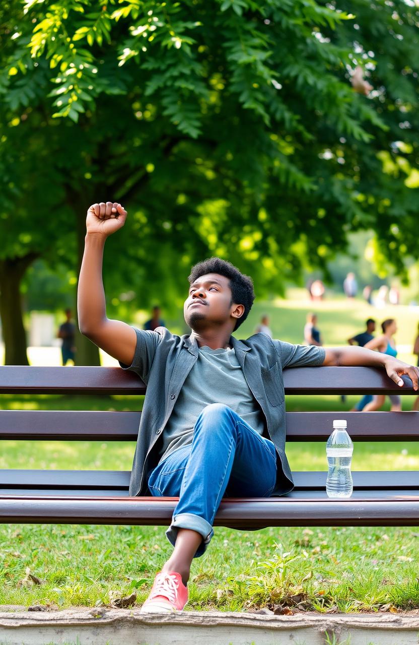 A person sitting on a park bench, with their head held high and a determined expression, symbolizing resilience and hope in overcoming addiction