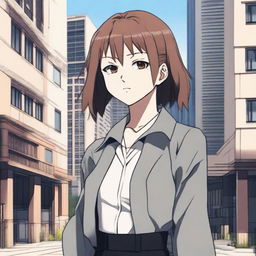 Anime-styled The Jujutsu Kaisen inspired girl with medium-length straight brown hair, grey eyes, pale skin, and rosy lips, standing confidently in front of a city building.