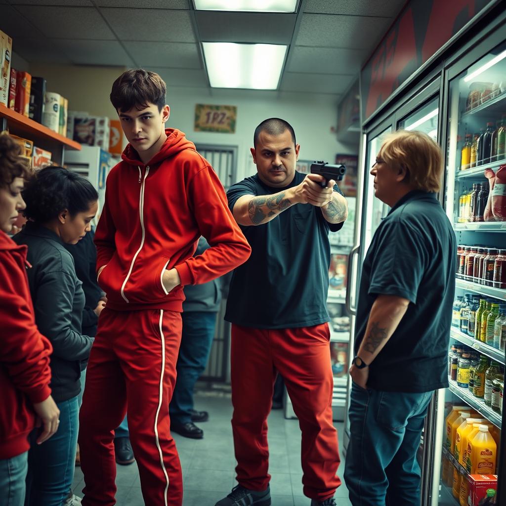 A tense scene set inside a convenience store, where a young man in a striking red tracksuit and a tattooed companion wearing a black shirt, exude a menacing presence