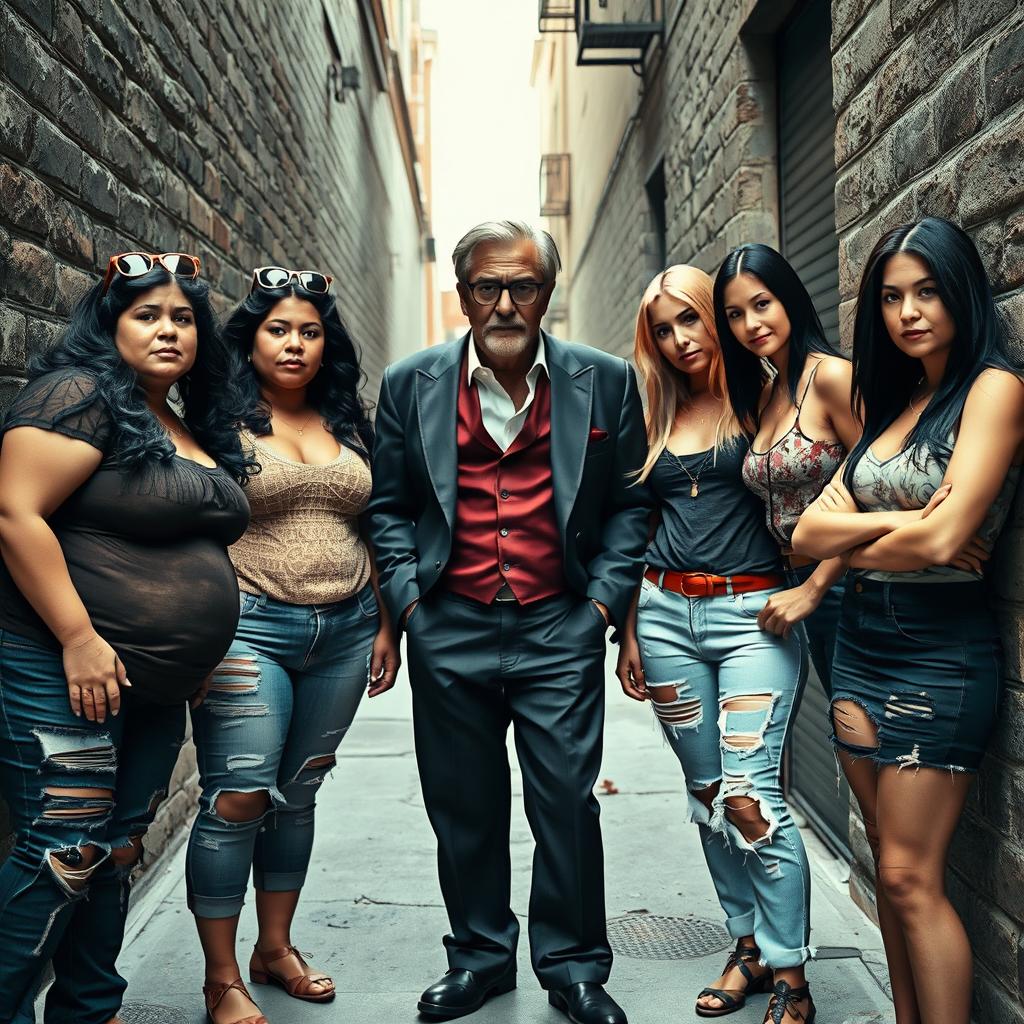 An expressive alley scene featuring four women and one man