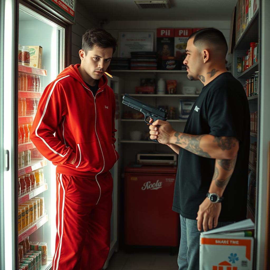 A suspenseful scene inside a small convenience store, where a young man clad in a vibrant red tracksuit stands menacingly alongside a tattooed individual in a black shirt with a short haircut