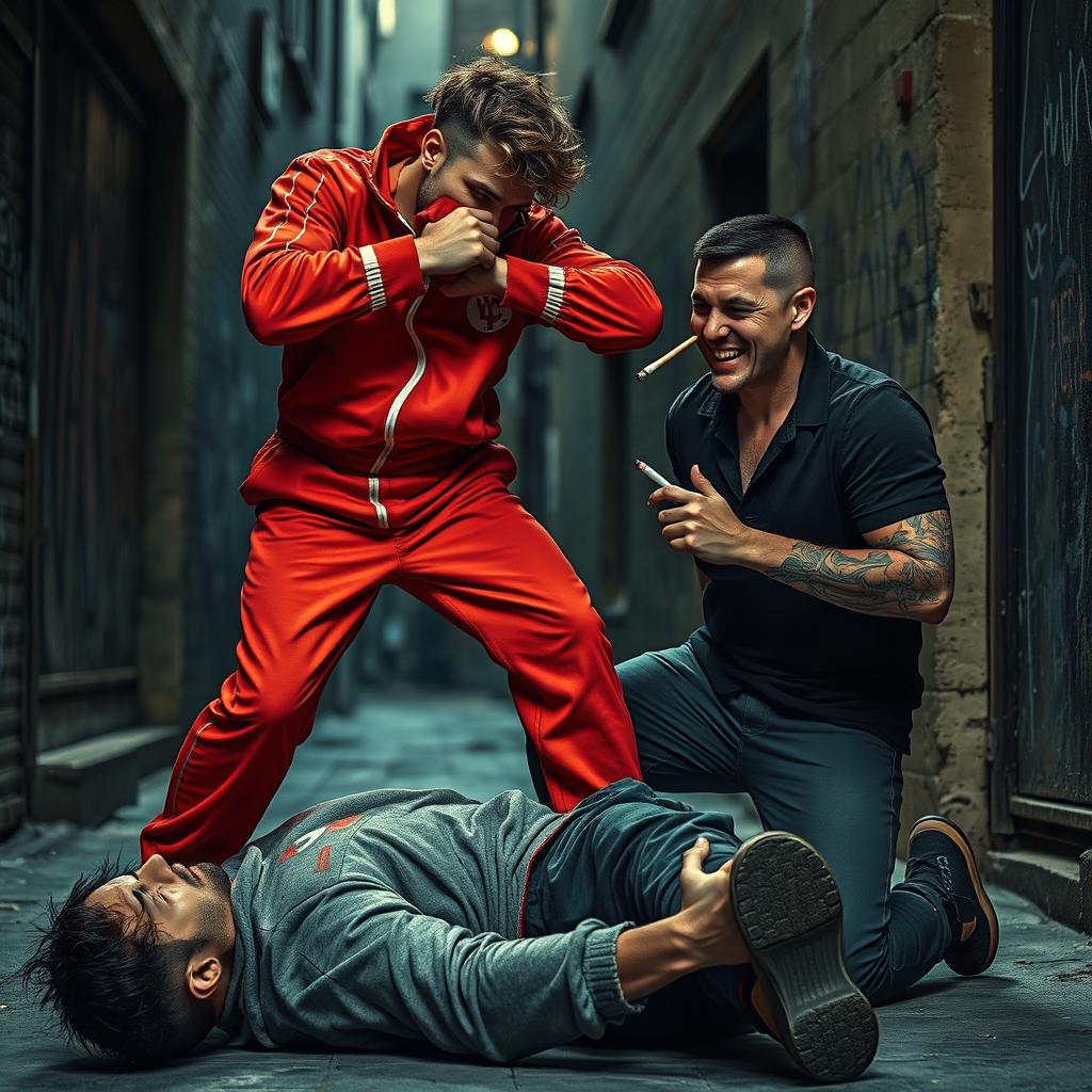 An intense and dramatic scene portraying a young man in a bright red tracksuit, delivering a powerful punch to an unfortunate individual on the ground
