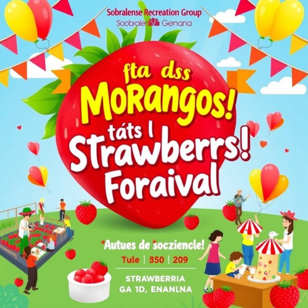 A vibrant festive poster for the Sobralense Recreation Group themed around the Strawberry Festival