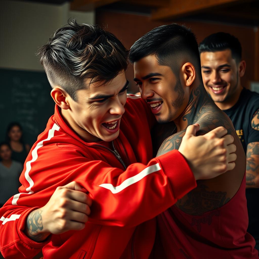A dramatic scene depicting a young man in a red tracksuit energetically striking another person