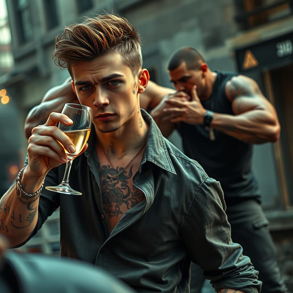 A rugged young man with scars and tattoos, wearing a stylish shirt and holding a champagne glass