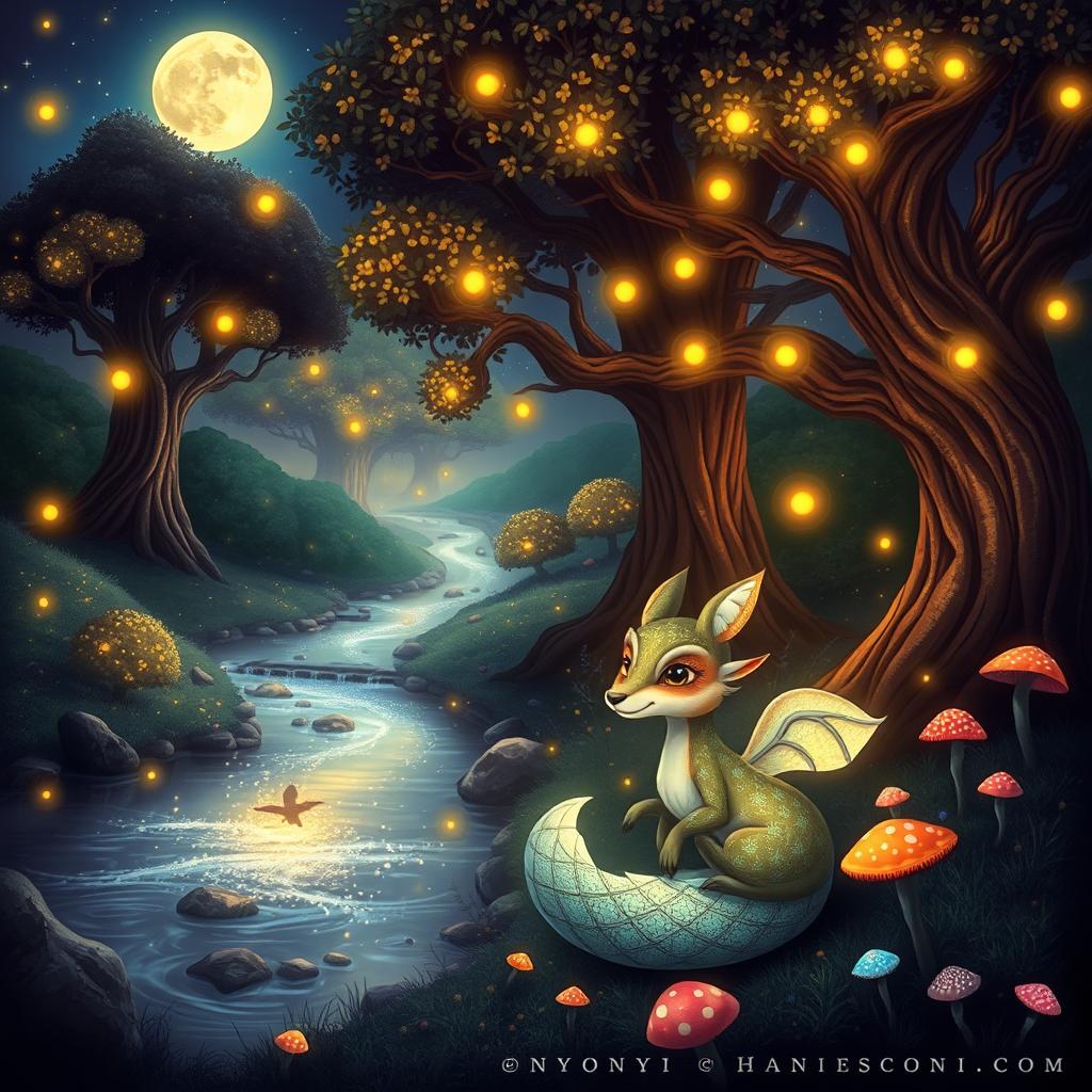 A whimsical and enchanting scene showcasing a magical forest at twilight, filled with glowing fireflies dancing in the air