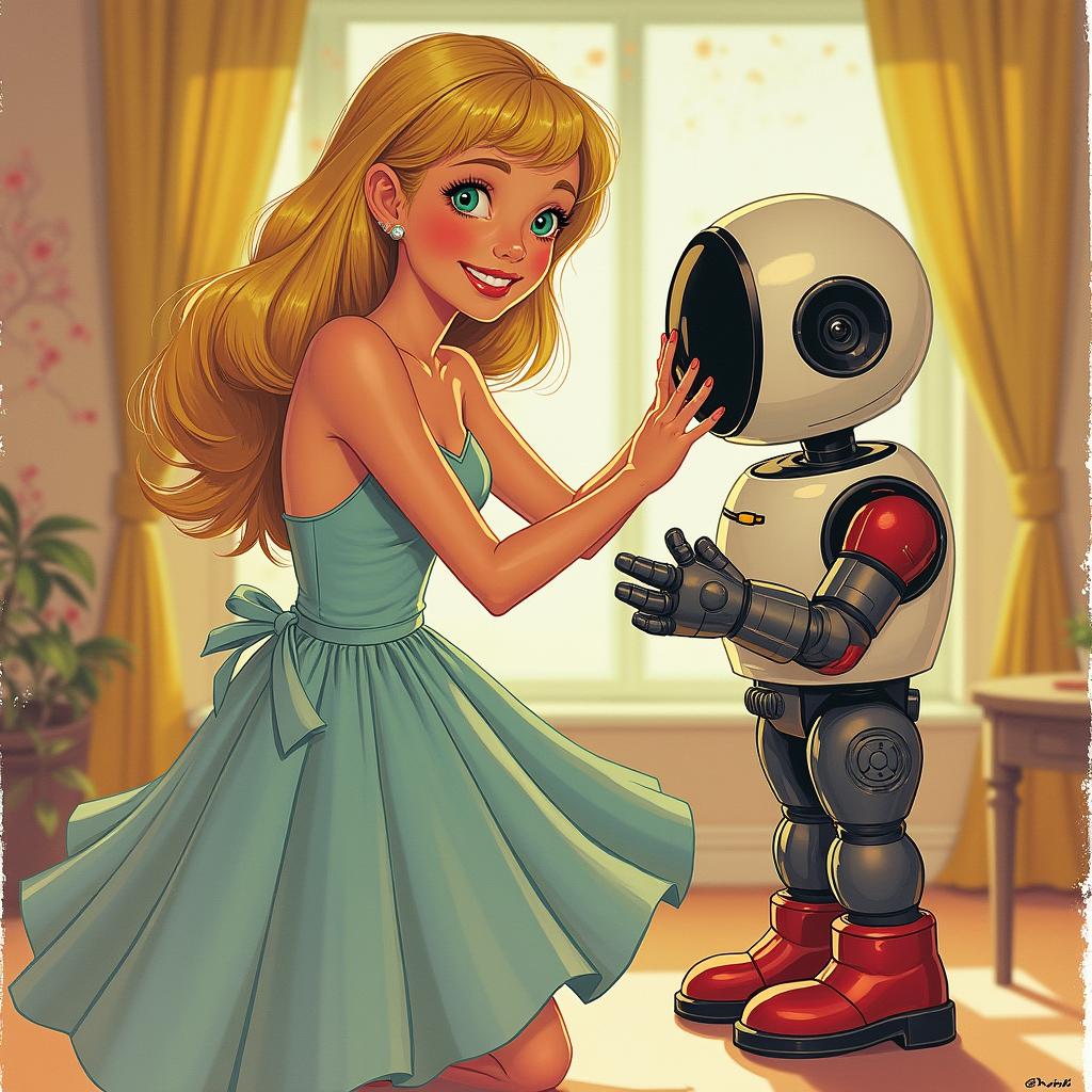 A lively 1960s men's magazine illustration featuring a super cute and smiling young blonde woman interacting joyfully with a home robot