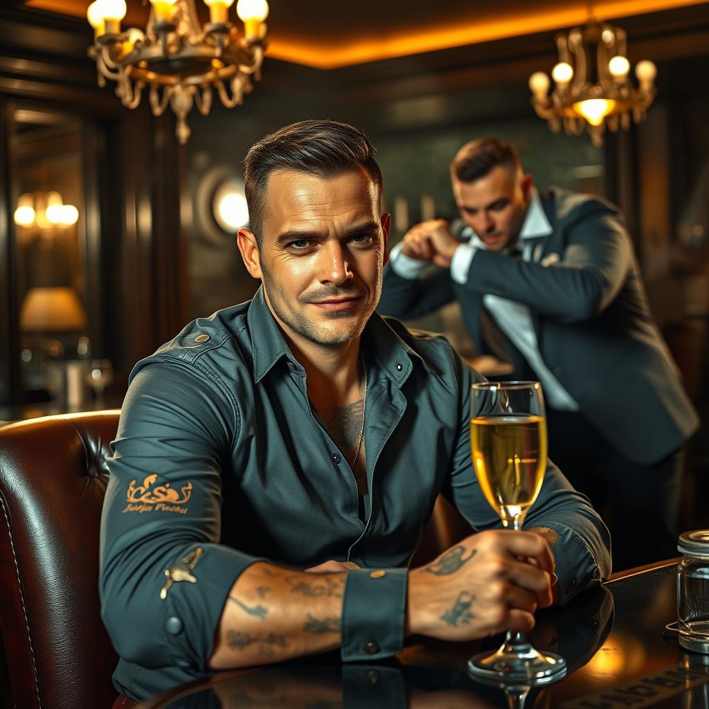 A tough-looking guy with scars and tattoos, wearing a stylish shirt, sitting at a luxurious table while holding a glass of champagne