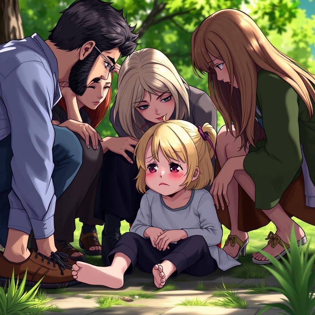A scene depicting a young blonde girl sitting on the ground, visibly crying