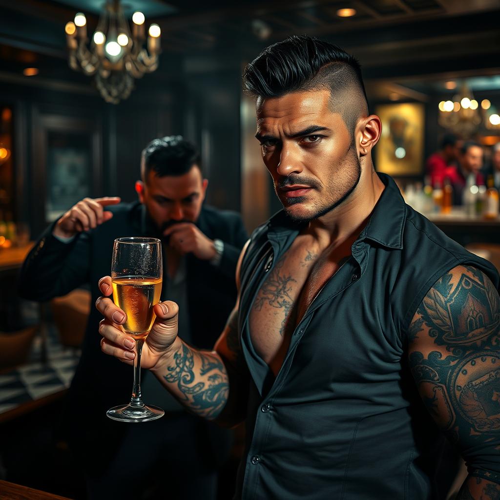 A tough-looking man with a prominent scar and intricate tattoos on his arms, wearing a stylish unbuttoned shirt