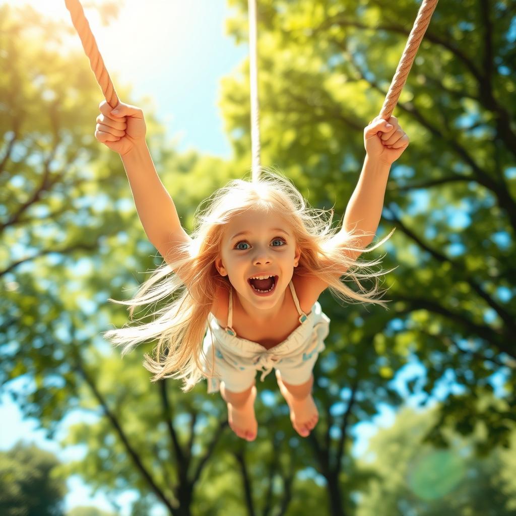 A blonde girl playfully falling off a rope in a sunny outdoor setting, surrounded by lush green trees and a bright blue sky