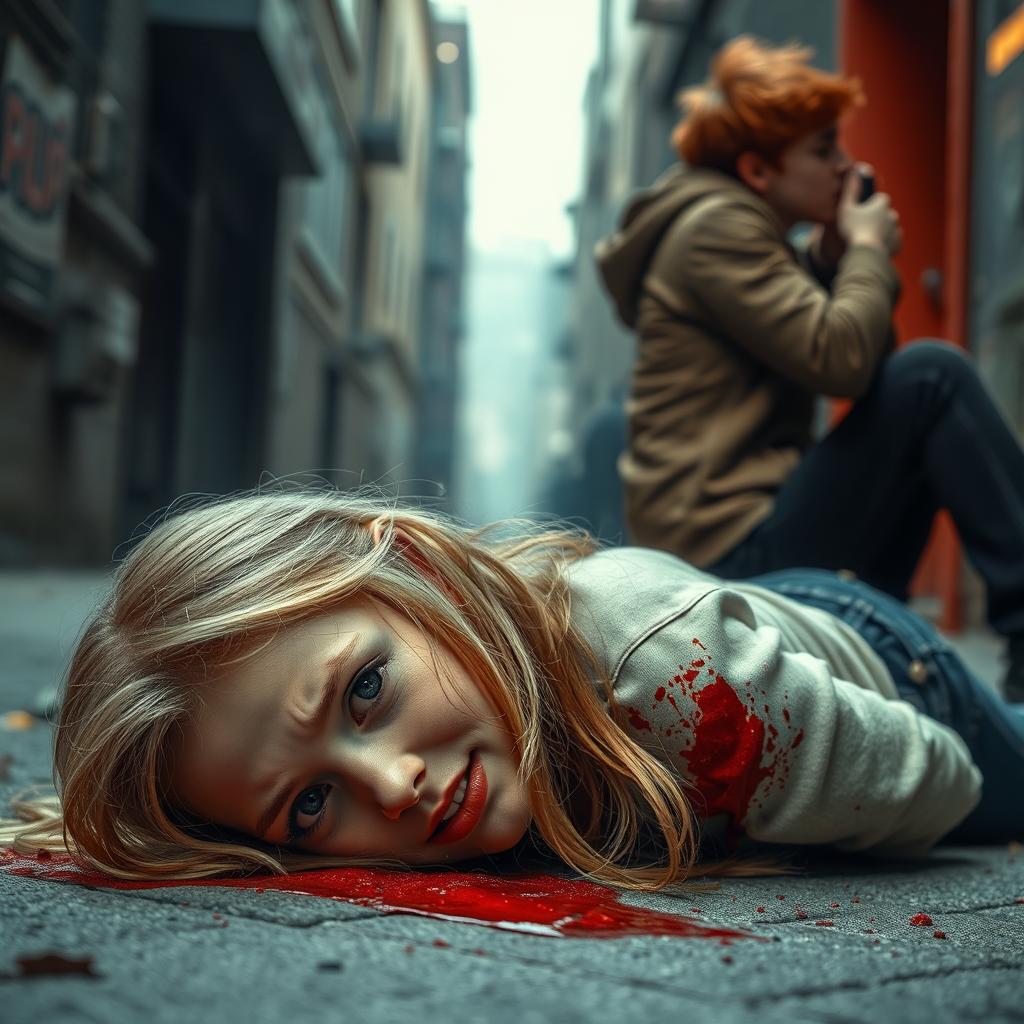 A scene depicting a blonde girl on the ground, injured and bleeding
