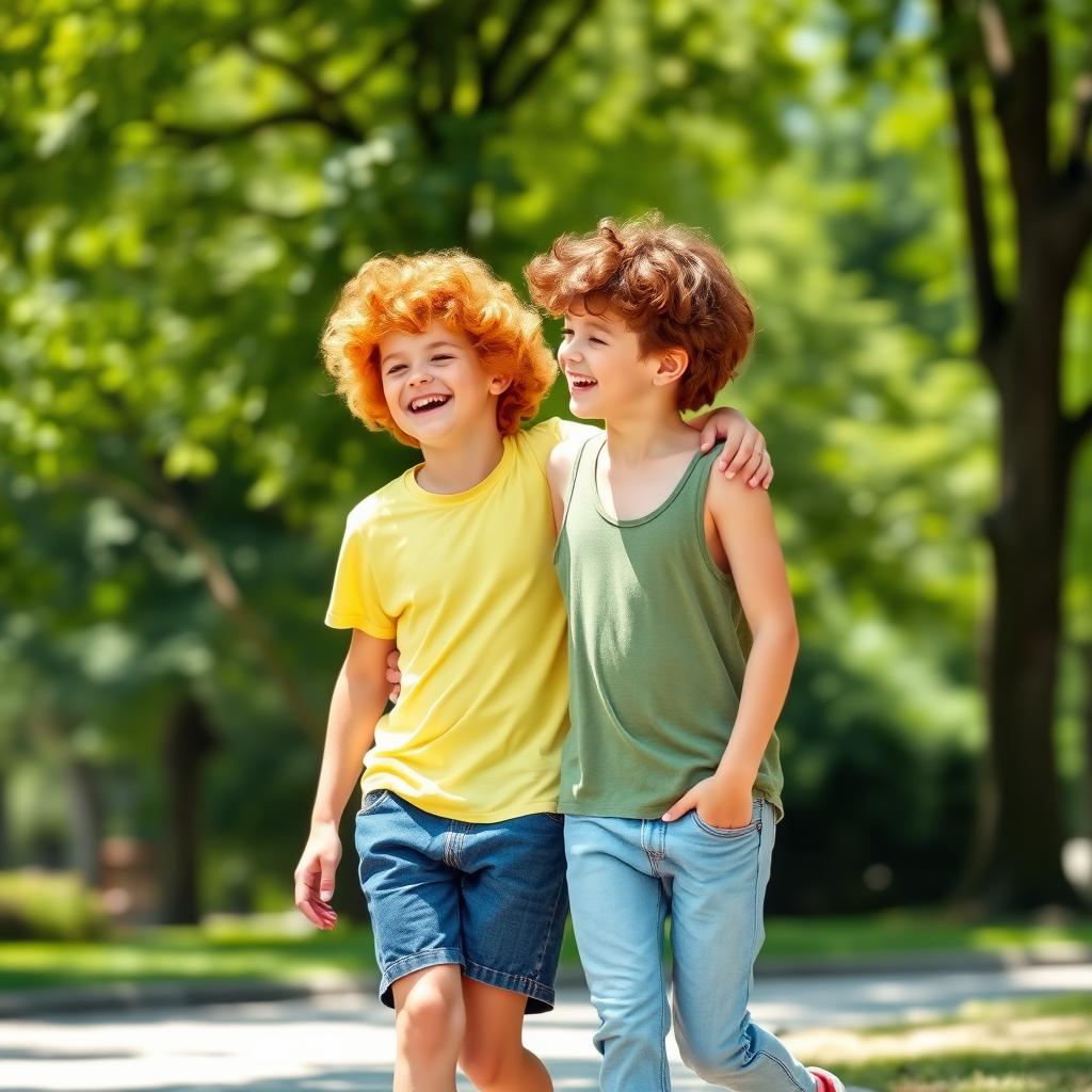 Two red-haired boys walking together, sharing a joyful moment