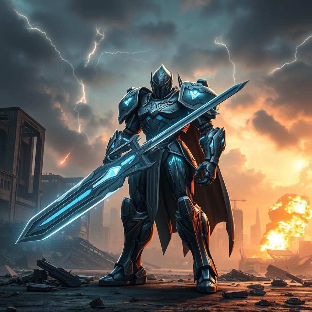 A futuristic mech knight standing valiantly, adorned with intricate armor plating and glowing blue energy accents, wielding a large shimmering energy sword