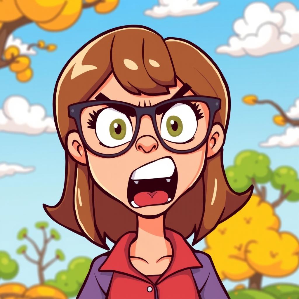 A cartoon style illustration of an angry brown-haired woman wearing glasses, her facial expression is fierce with wide-open eyes and a frown, her mouth is open as she yells