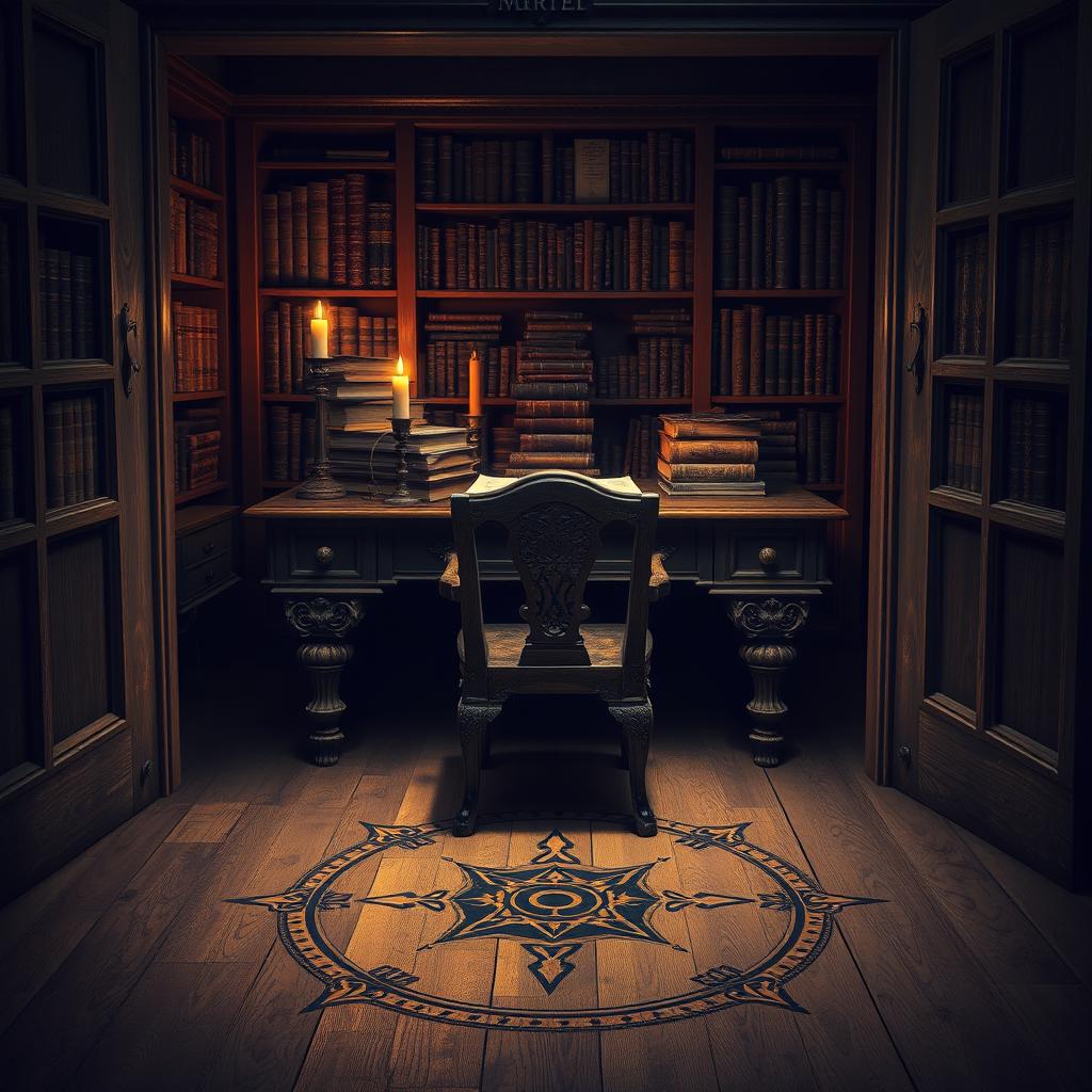 A cozy yet arcane hidden study behind a false bookshelf, with soft candlelight flickering on a writing desk that is piled high with forbidden tomes and coded scrolls