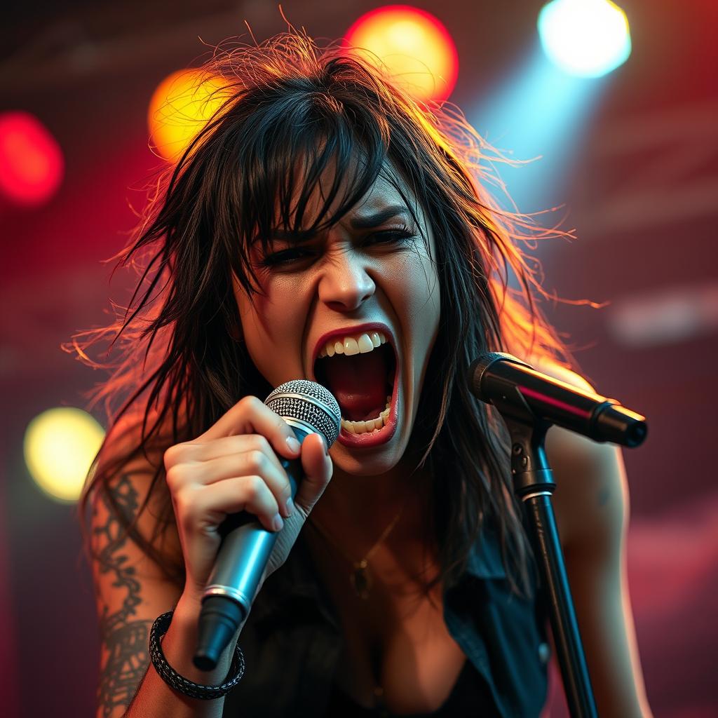 A messy-haired, dirty brunette woman passionately singing into a microphone, expressing anger through her body language
