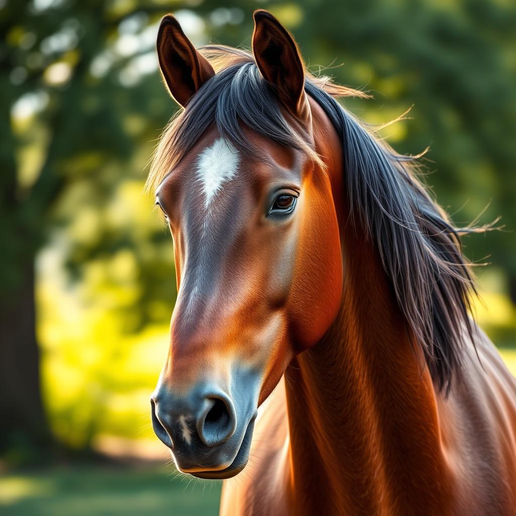 A beautiful, realistic portrait of a majestic horse with a well-positioned face that captures its photogenic qualities
