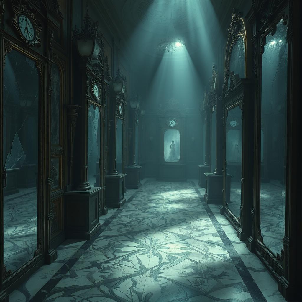 A mysterious chamber lined with towering mirrors of various sizes and ages, featuring some cracked and fogged surfaces, while others reflect more than just the room itself, hinting at a sense of magic or secrets