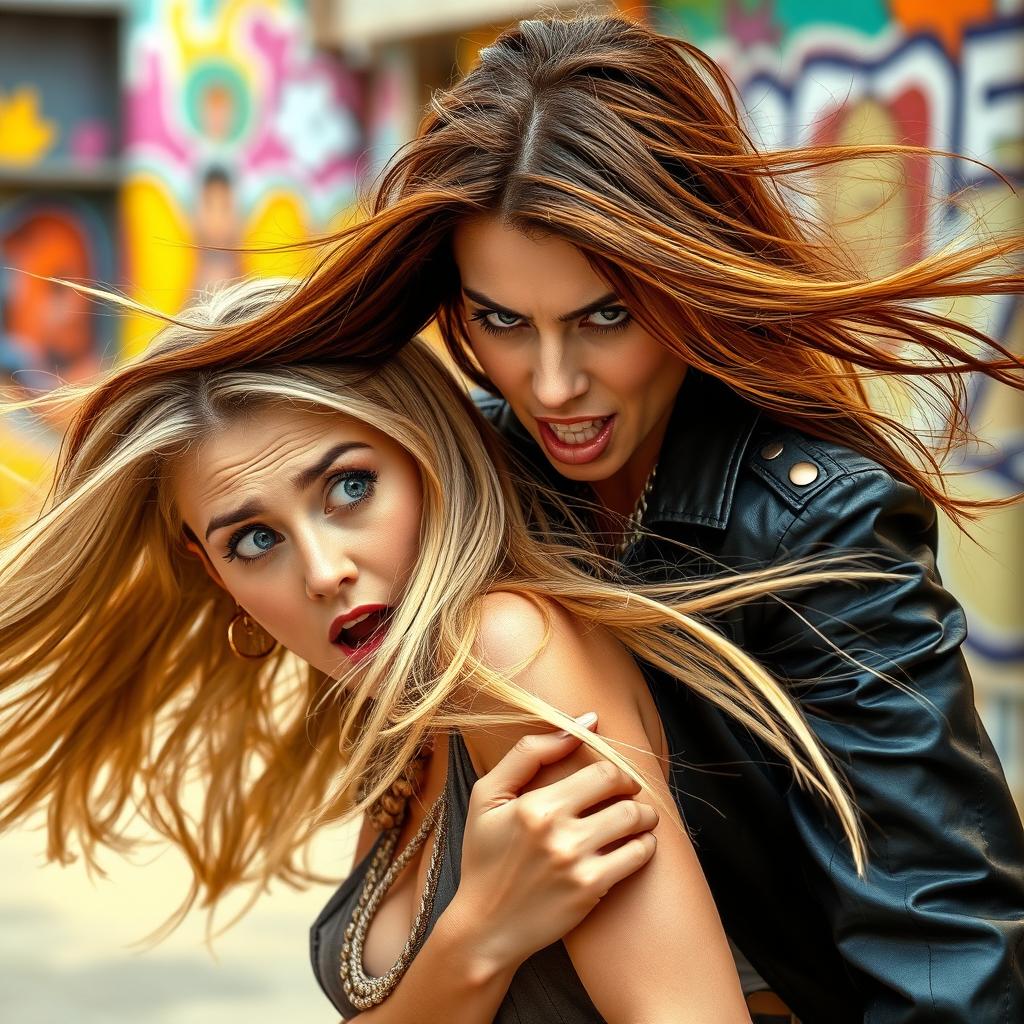 A scene depicting a woman with chestnut brown hair pulling the hair of a blonde woman in an intense yet dynamic moment