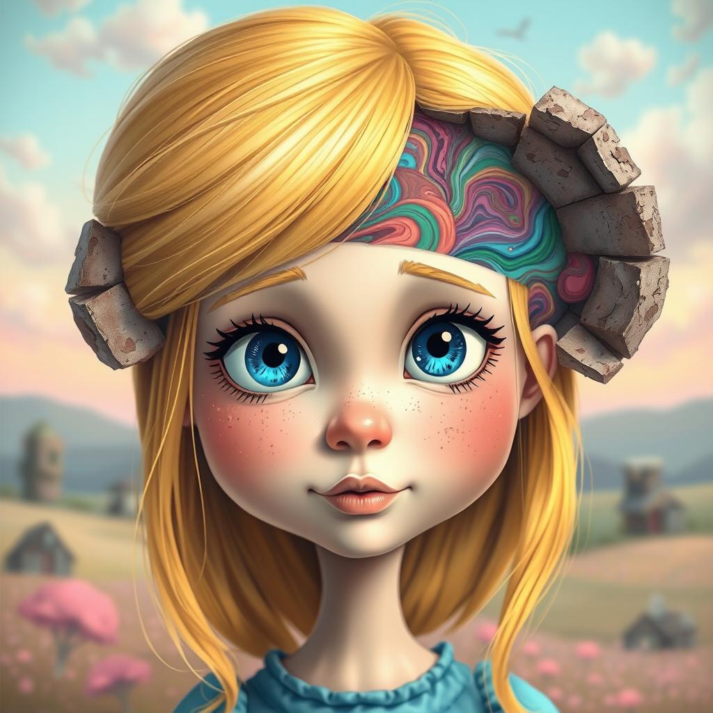 A surreal and artistic representation of a blond girl with a broken head, depicting an imaginative concept of a brainless character