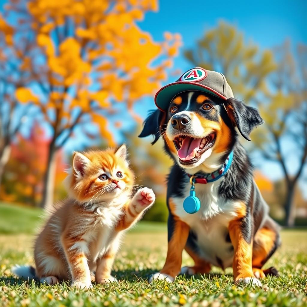 A whimsical scene featuring a joyful dog acting as a coach, enthusiastically guiding an adorable fluffy kitten