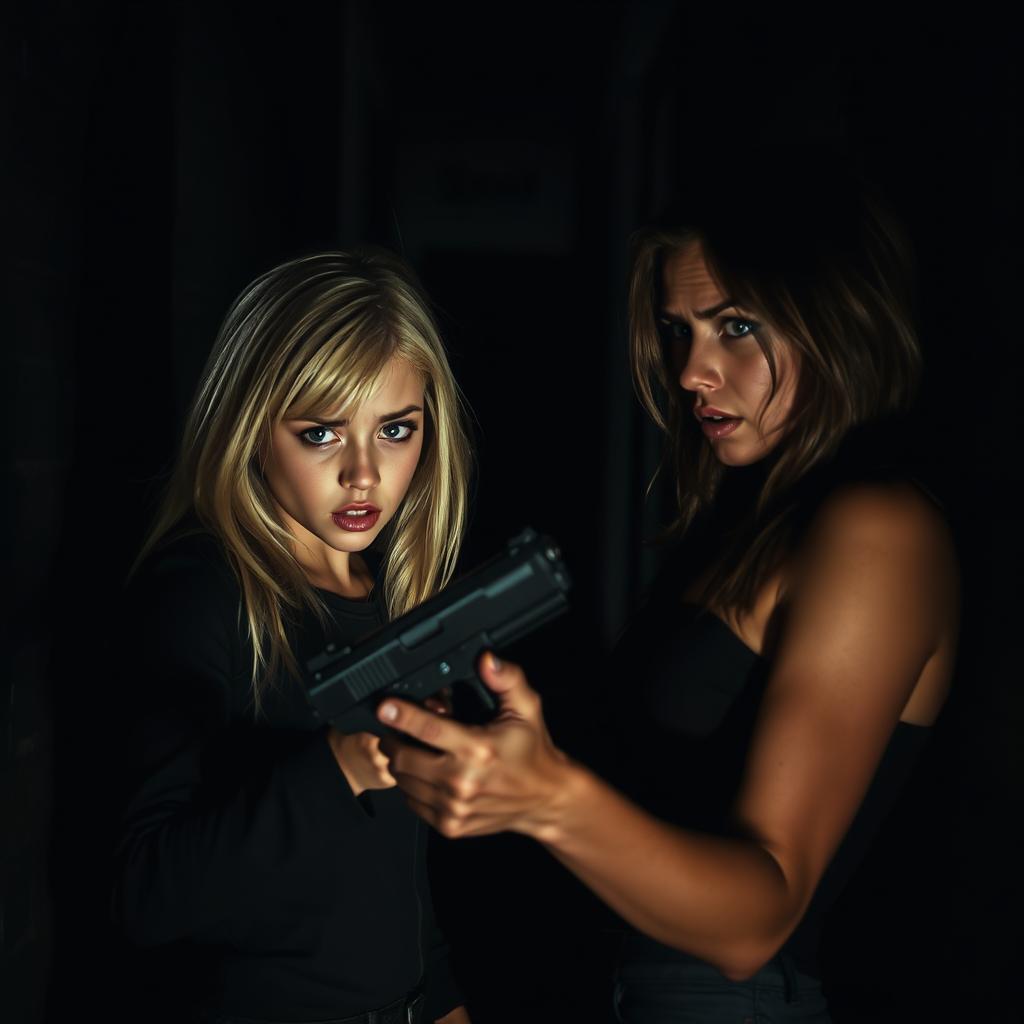 A tense and dramatic scene set in a shadowy alley, where a blonde girl is confronted by a brunette woman