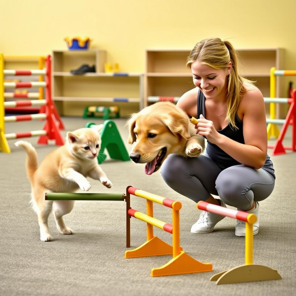 A playful and engaging scene featuring a dog trainer working with a small, energetic kitten