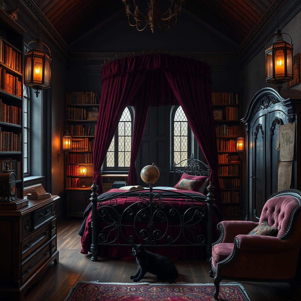 A spacious, high-ceilinged gothic bedroom wrapped in dusky tones of plum and charcoal, illuminated by tall, iron-caged lanterns flickering with warm, magical flames