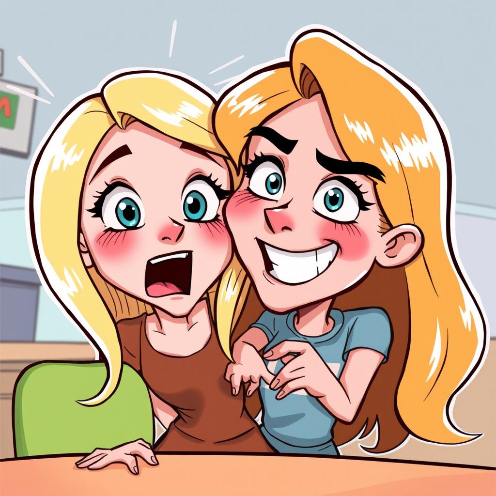 A humorous cartoon style illustration featuring a blonde girl in a playful and exaggerated manner, expressing surprise or excitement