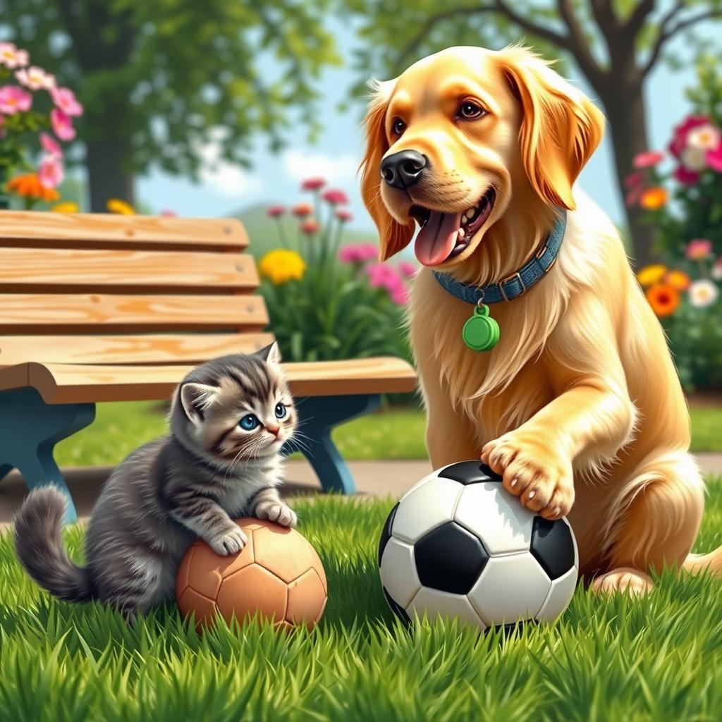 A whimsical scene depicting a playful dog acting as a coach for a curious kitten