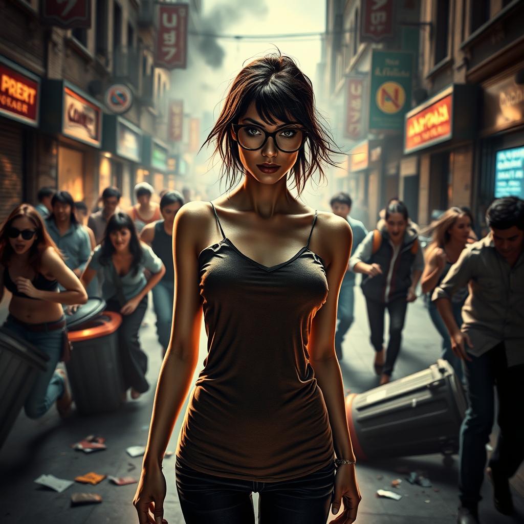 A scene featuring a slender brunette woman wearing stylish glasses, radiating an aura of dark, diabolical powers