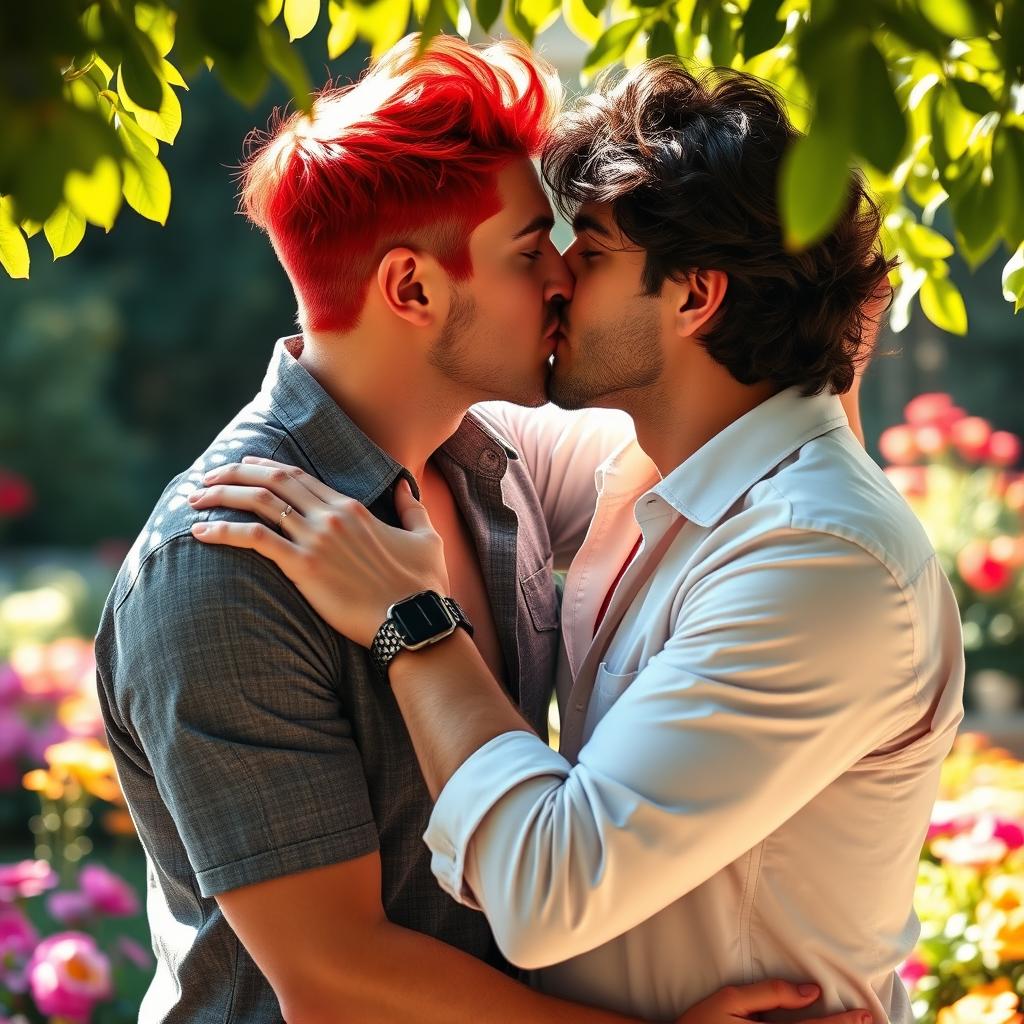 A romantic scene of two handsome men passionately kissing each other