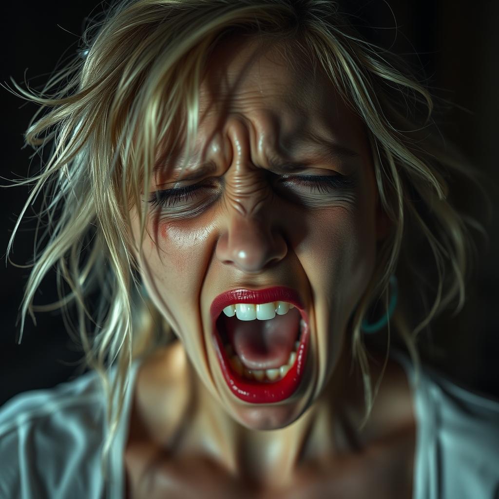 A blonde woman crying with smeared makeup, looking disheveled and emotional, her hair tousled and messy, expressing a powerful scream of despair or frustration