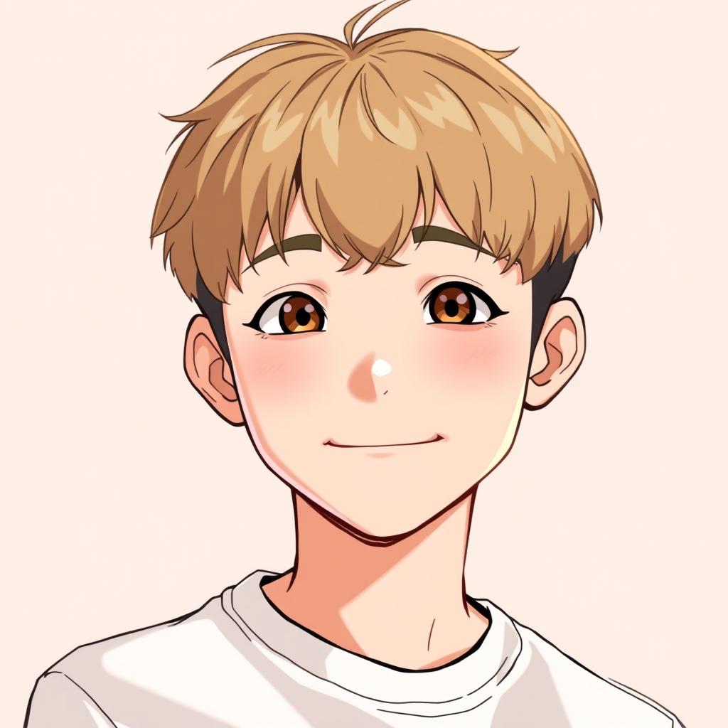 A young Korean male character in a manhwa style, with very short light brown hair and warm brown eyes
