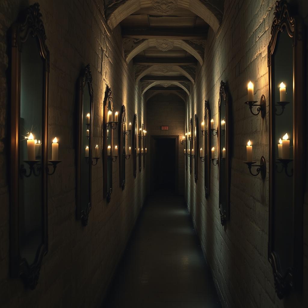 A long, narrow room tucked away in a forgotten wing of a castle, illuminated only by a few wall sconces with trembling candlelight
