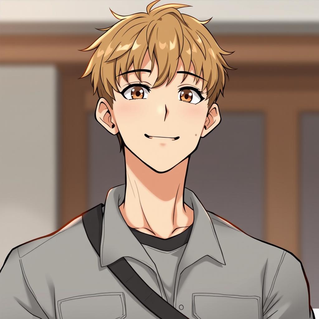 A male Korean character in a manhwa style, featuring short light brown hair, warm brown eyes, and a sweet, smiling face