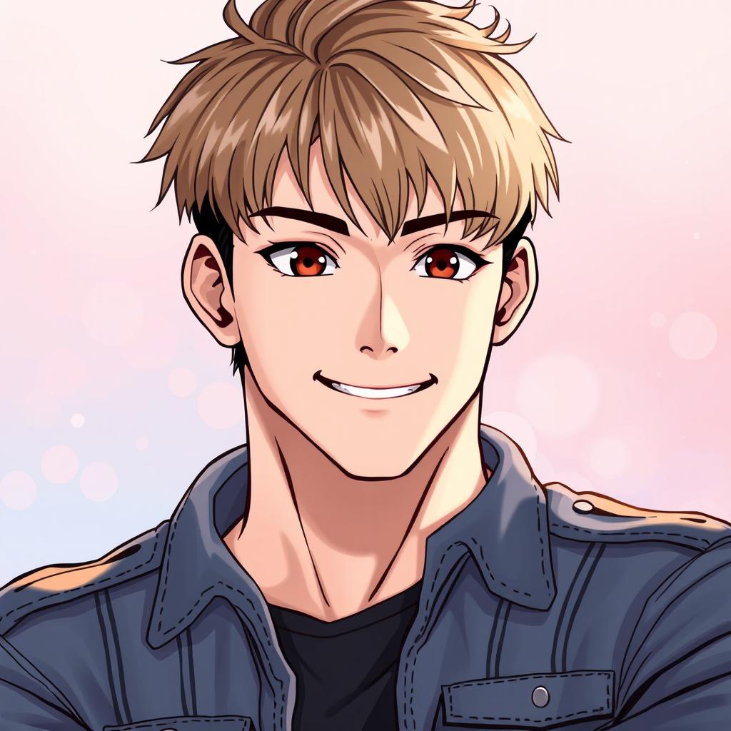 A handsome Korean male character in manhwa style with very short light brown hair and brown eyes