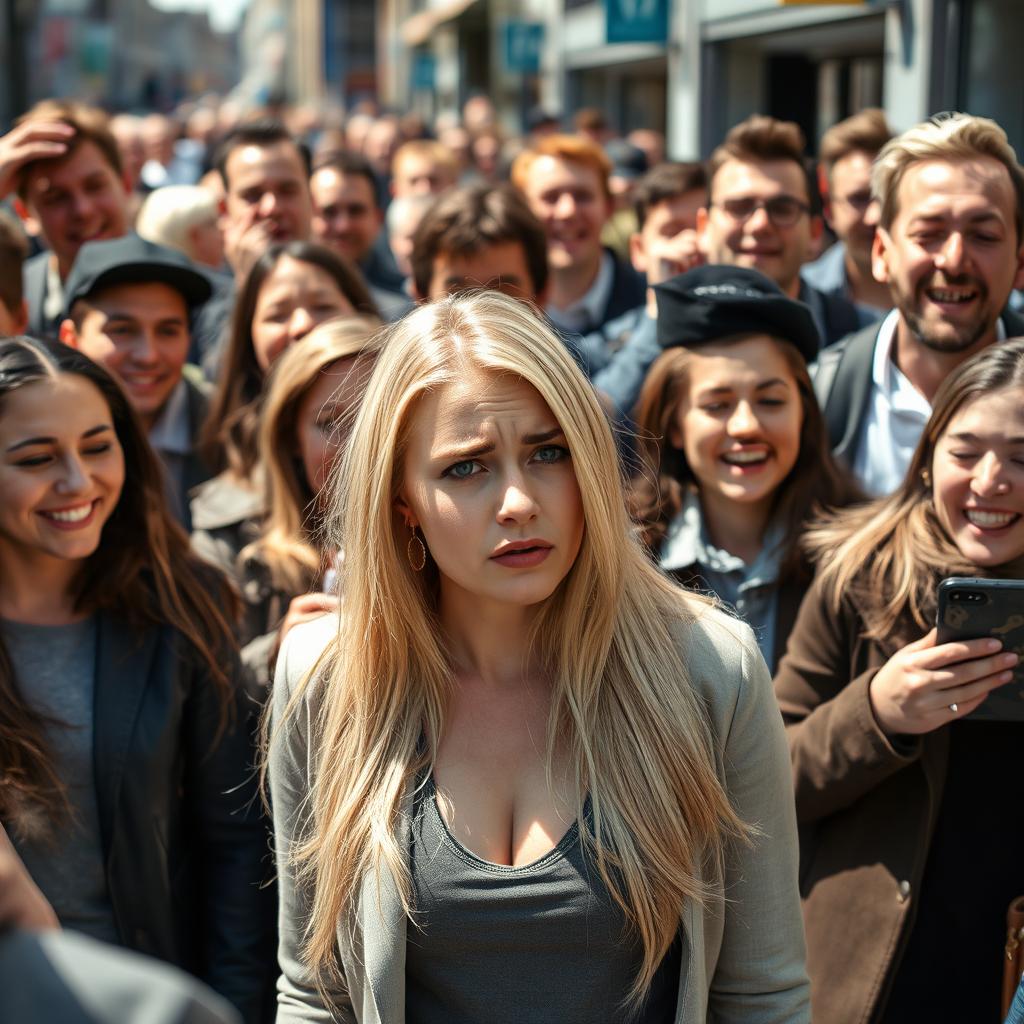 An upset blonde woman looking distressed as a group of people mock and laugh at her