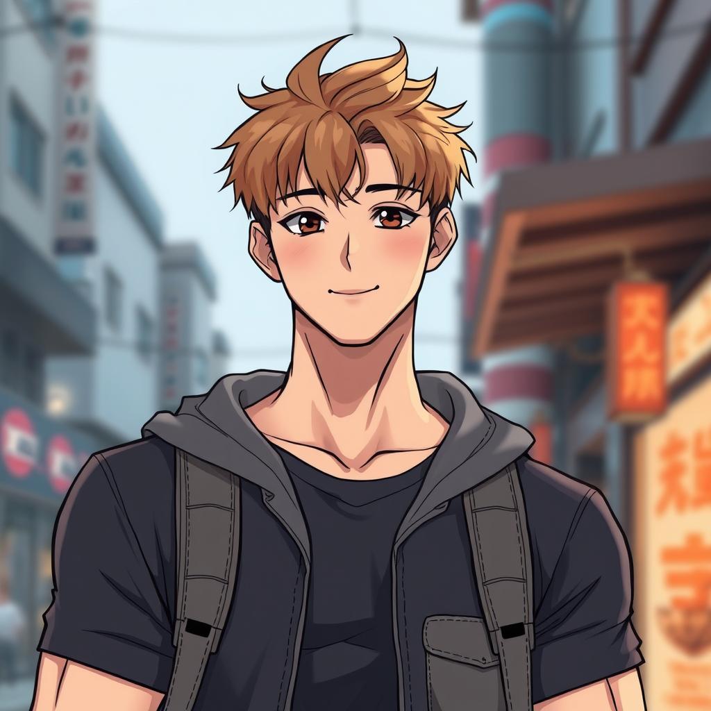 A handsome Korean male character in the style of manhwa, featuring very short light brown hair and brown eyes
