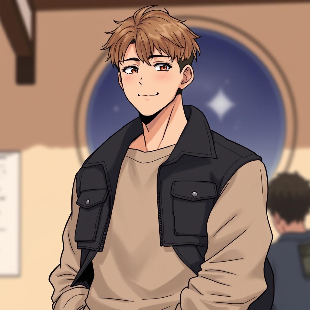 A male Korean character in manhwa style with very short light brown hair and brown eyes, featuring a sweet and smiling face