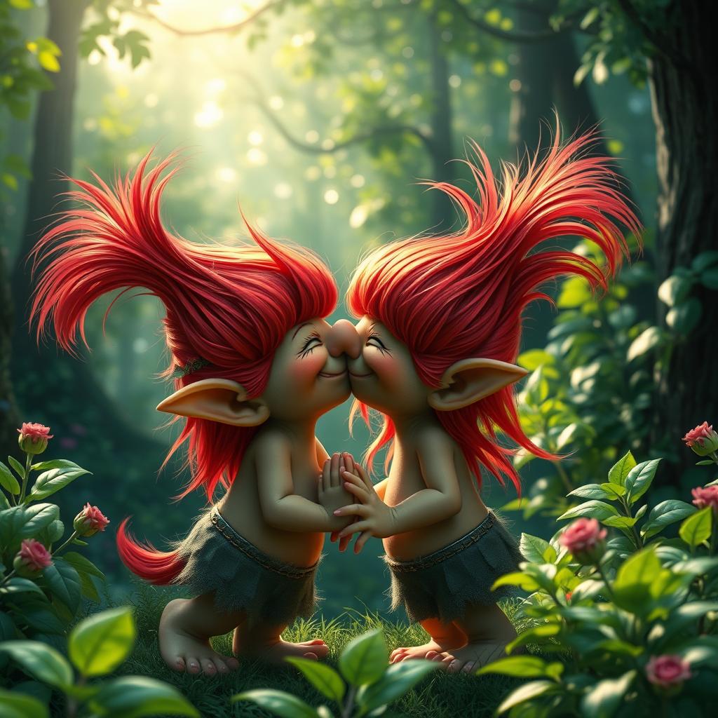 Two red-haired trolls passionately kissing in a lush, vibrant forest