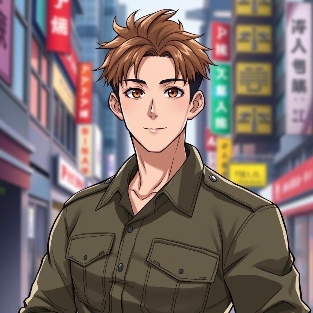 A handsome Korean male character in manhwa style, featuring very short light brown hair and warm brown eyes