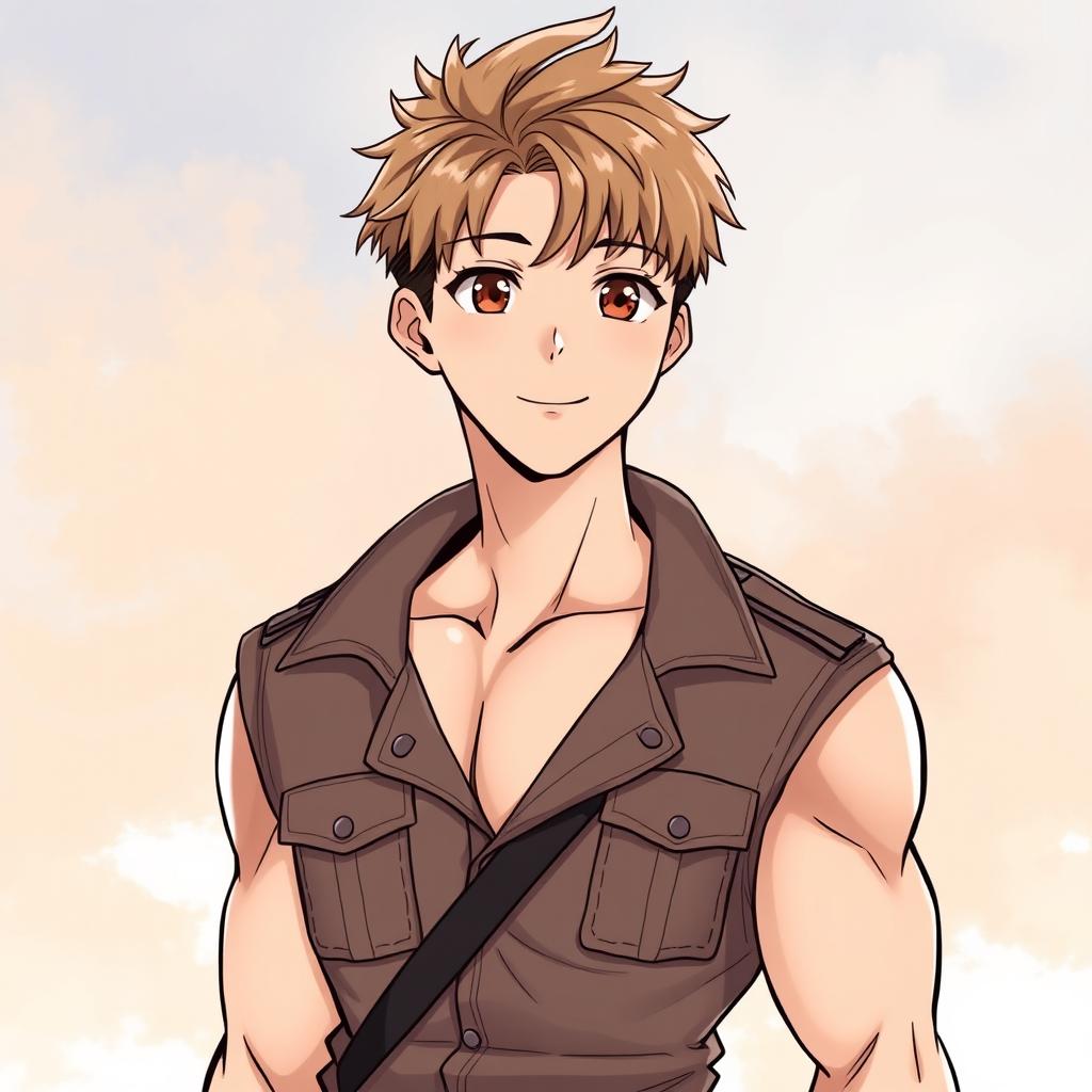 A handsome male character inspired by Korean manhwa style, featuring very short light brown hair, brown eyes, and a sweet, smiling face