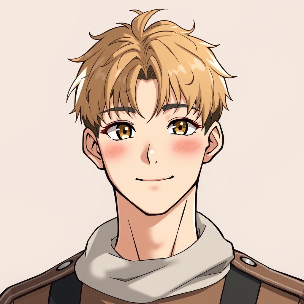 A charming male character in Korean manhwa style, with very short light brown hair, warm brown eyes, and a sweet, smiling expression
