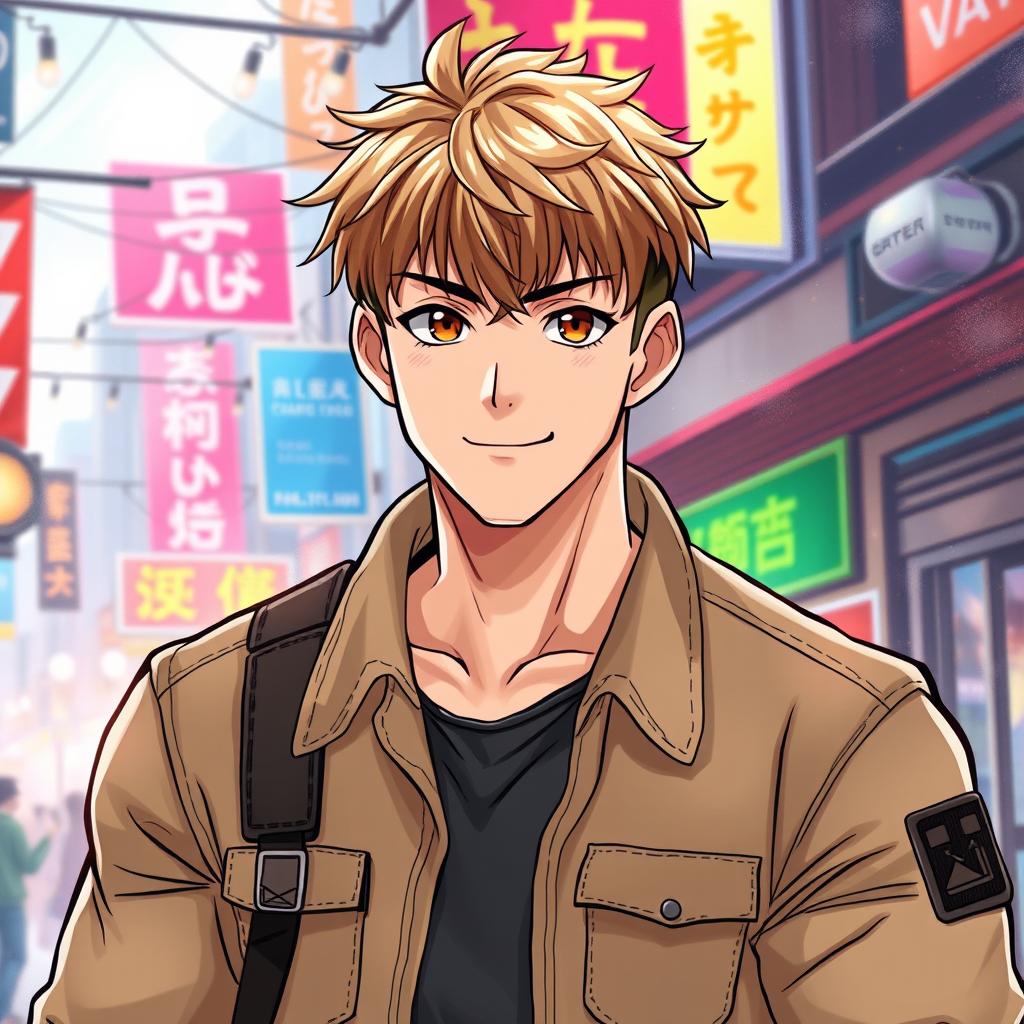 A male character inspired by manhwa, featuring very short, light brown hair and beautiful brown eyes